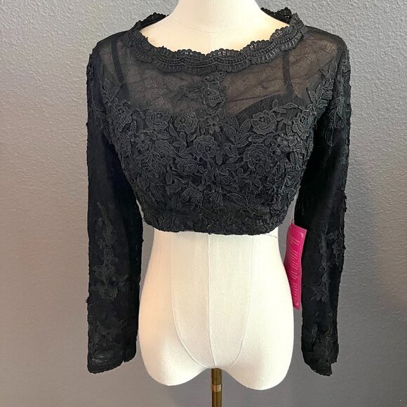 ZINNIA ELEGANS Heavy Black Lace Cropped Built in Bra Top Prom Ball Formal -NWT - Picture 1 of 13